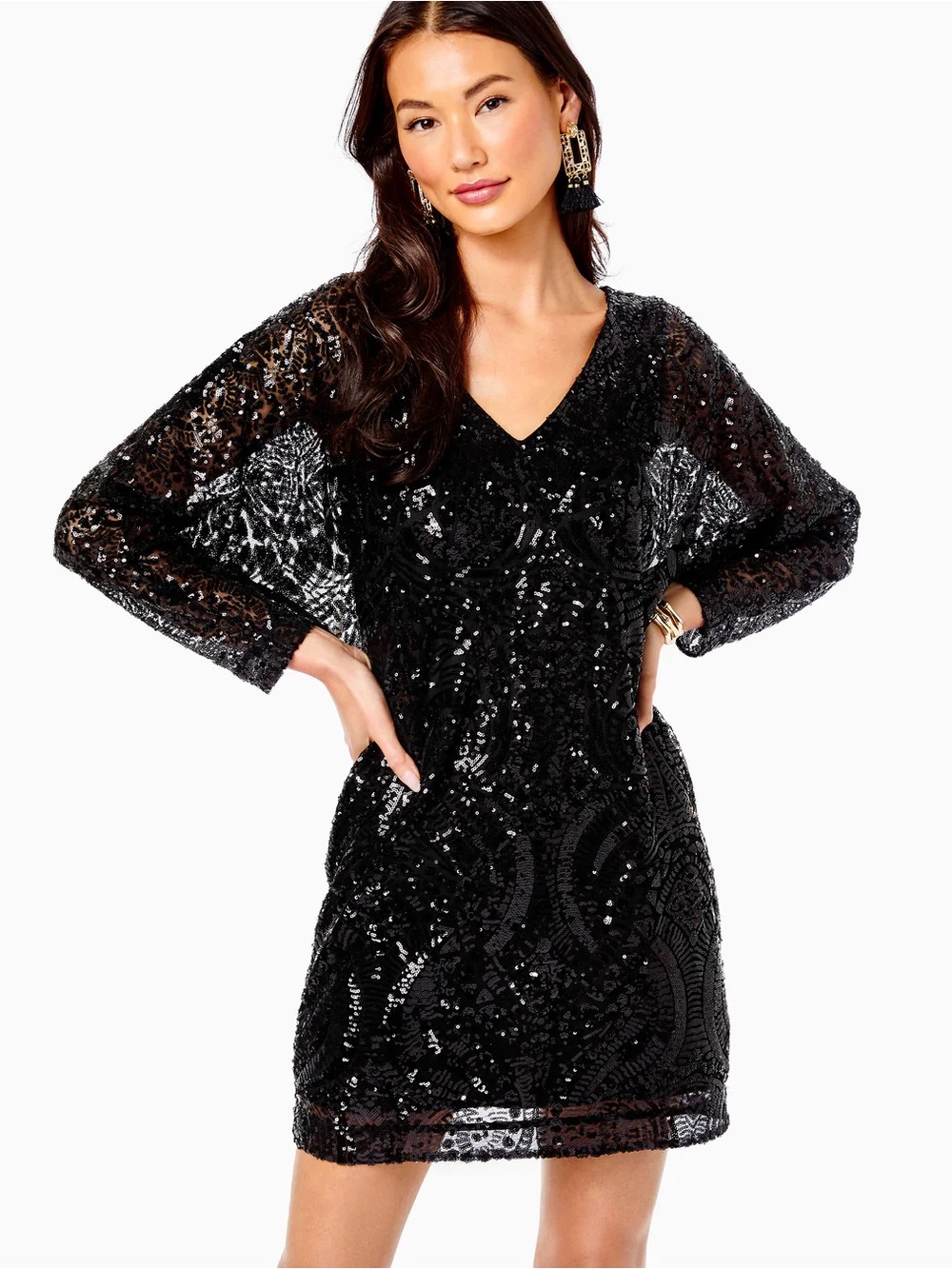 Lilly Pulitzer Leclair Long Sleeve Onyx Sequin Sea Swirl Mesh Dress, Sz XS, NWT